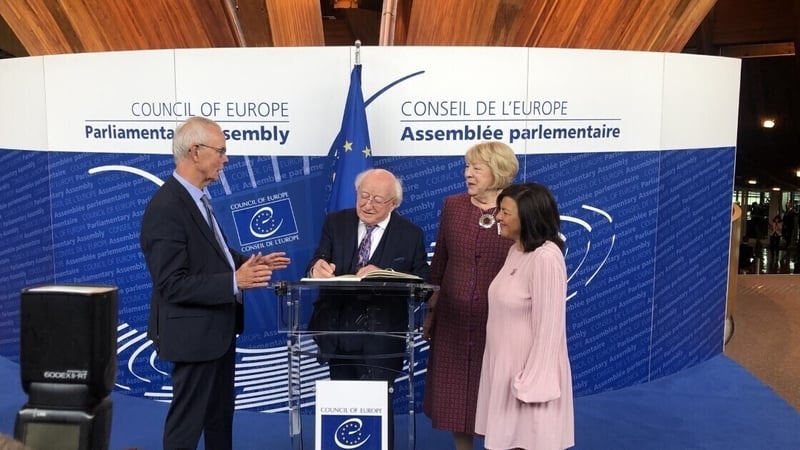 President Michael D Higgins and his wife Sabina are greeted by President of the Council of Europe Parliamentary Assembly Tiny Cox and Secretary General of the Parliamentary Assembly Despina Chatzivassiliou