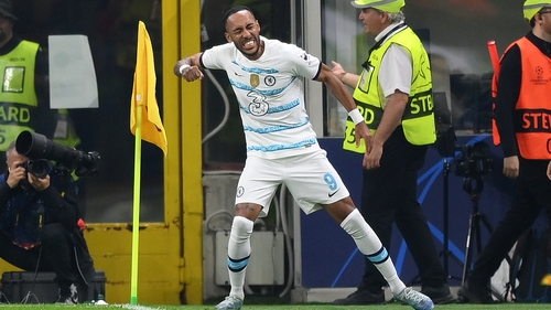 Pierre-Emerick Aubameyang celebrates scoring Chelsea's second goal at the San Siro