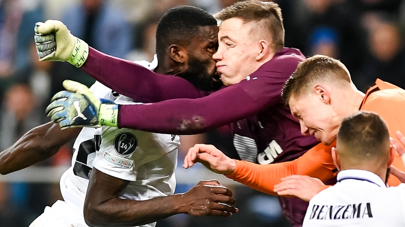 Real Madrid's Antonio Rudiger only had eyes for the ball as he scored an equaliser from a header before colliding with Shakhtar Donetsk netminder Anatolii Trubin