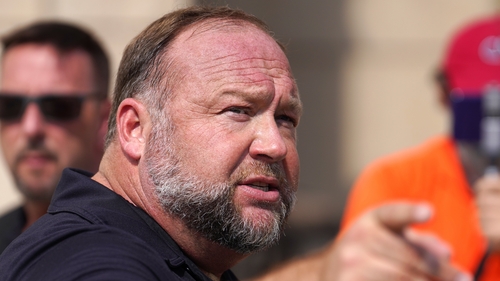 Alex Jones speaking outside the court in Connecticut last month