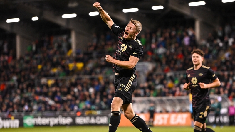 Kristian Eriksen celebrates his side's second goal at Tallaght Stadium