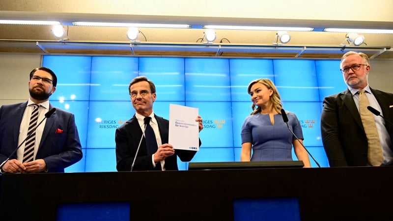 From left, Leader of the Sweden Democrats Jimmie Akesson, Leader of the Moderate party Ulf Kristersson, Leader of the Christian Democrats Ebba Busch and Leader of the Liberal party Johan Pehrson