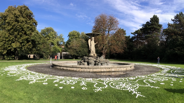A total of 10,000 individual white handkerchiefs have been fashioned into a simple white rose