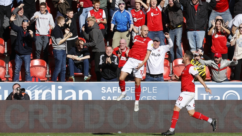 Georgie Kelly celebrates his winner for Rotherham