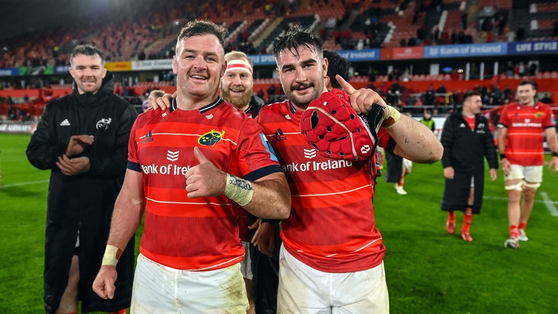 Munster's Dave Kilcoyne and John Hodnett celebrate the win