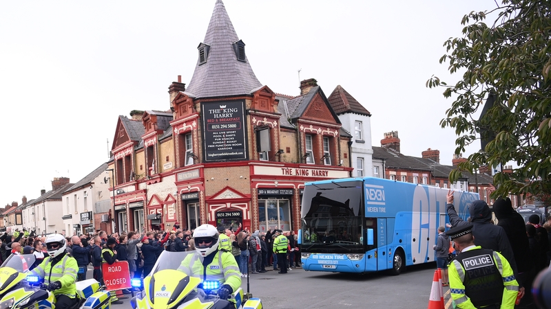 Manchester City's bus travelling through the streets of Liverpool