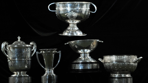 The Sam Maguire Cup with the four provincial football championship trophies, from left, Ulster, Munster, Connacht and Leinster