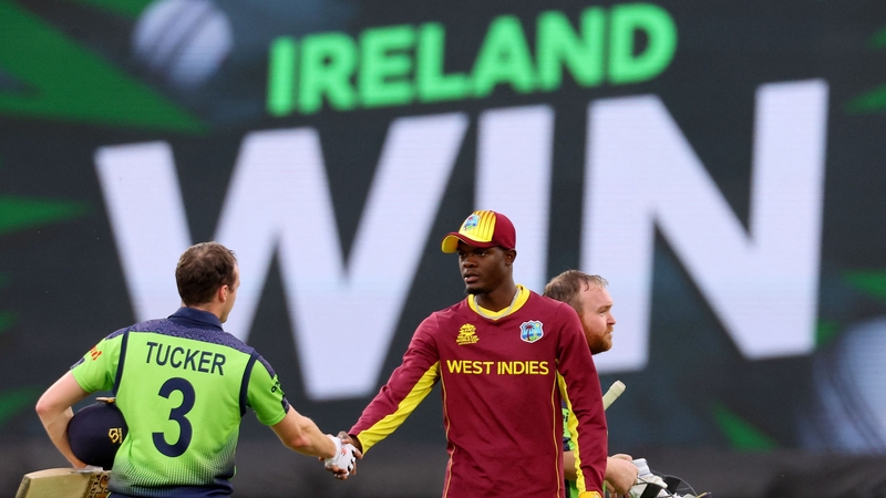 Ireland's Lorcan Tucker shakes hands with West Indies' Alzarri Joseph after the World Cup clash