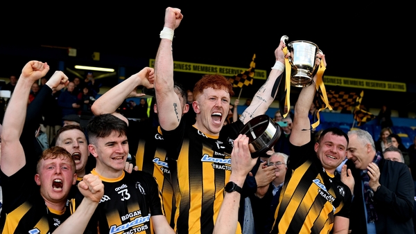 Strokestown joint-captains Diarmuid McGann, left, and David Neary lift the Fahey Cup