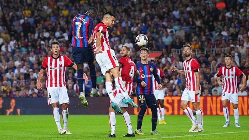 Ousmane Dembele of Barcelona scores his team's first goal