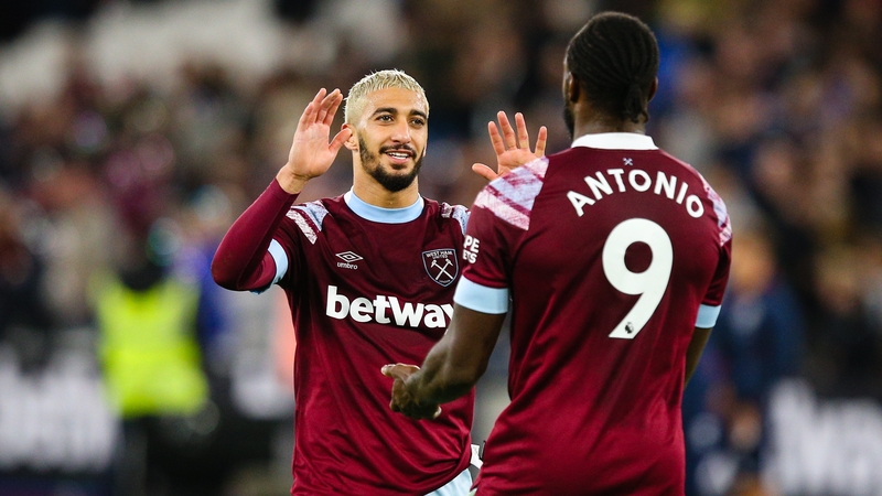 Said Benrahma celebrates with team-mate Michail Antonio