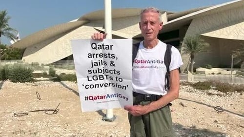 British LGBT activist Peter Tatchell was protesting outside the national museum of the Gulf Arab state which hosts soccer's World Cup next month
