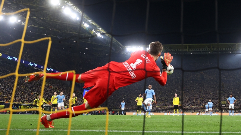 Riyad Mahrez has a penalty saved by Borussia Dortmund goalkeeper Gregor Kobel