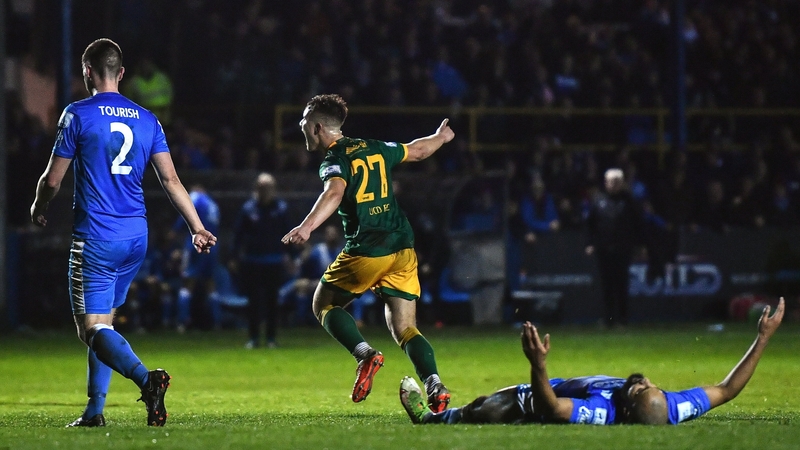 Thomas Lonergan celebrates after scoring UCD's second goal