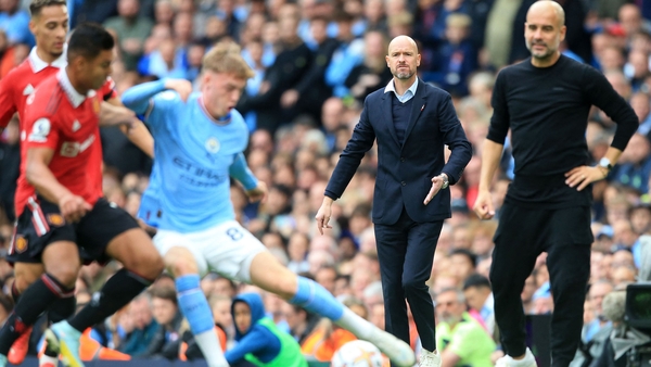 Pep Guardiola's (R) side beat Erik ten Hag's (2R) 6-3 earlier this month