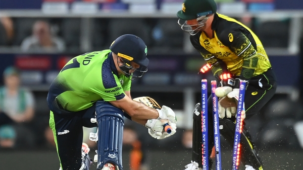 Ireland's Fionn Hand is bowled out by Adam Zampa at the Gabba