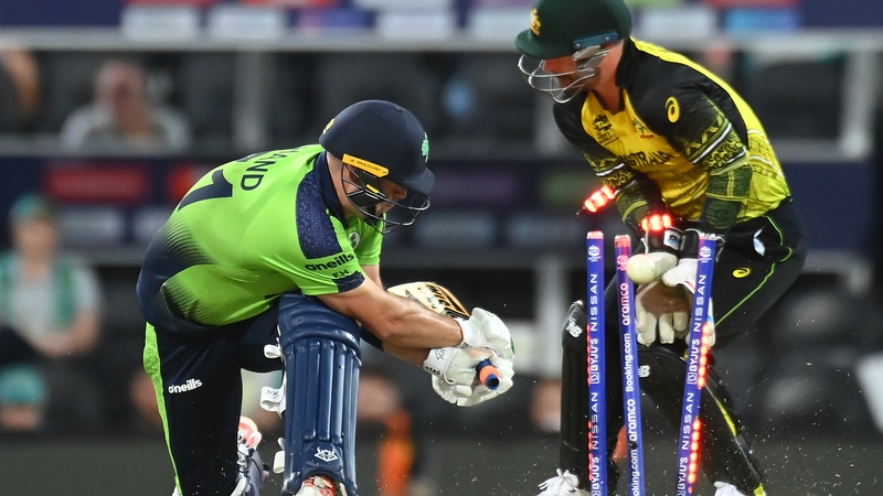 Ireland's Fionn Hand is bowled out by Adam Zampa at the Gabba