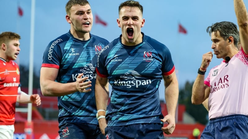 James Hume (second from right) celebrates after scoring Ulster's third try against Munster