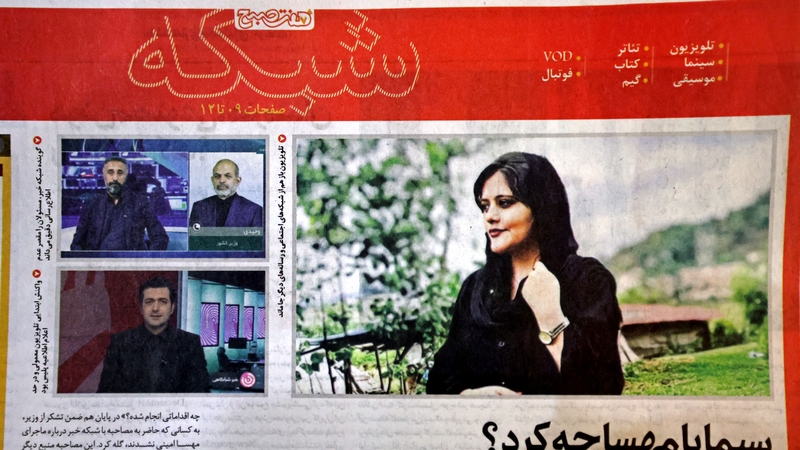 Iranian newspaper Hafteh Sobh reporting on the death of Zhina Amini who died after being arrested by the Islamic republic's "morality police" in September. Photo: Atta Kenner/AFP via Getty Images