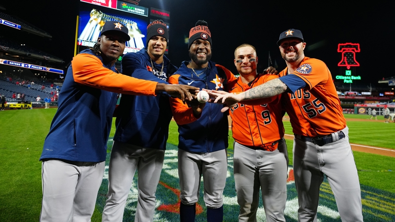 Rafael Montero #47, Bryan Abreu #52, Cristian Javier #53, Christian Vázquez #9 and Ryan Pressly #55 of the Houston Astros pose for a photo after their combined no-hitter against the Phillies