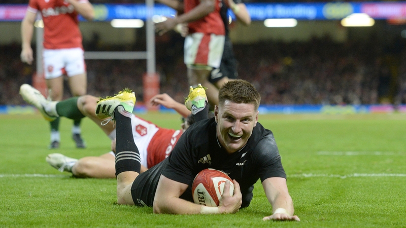 New Zealand's Jordie Barrett crosses for a try