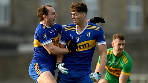 Eamonn Wallace of Ratoath, left, celebrates with team-mate Daithi McGowan at the full-time whistle