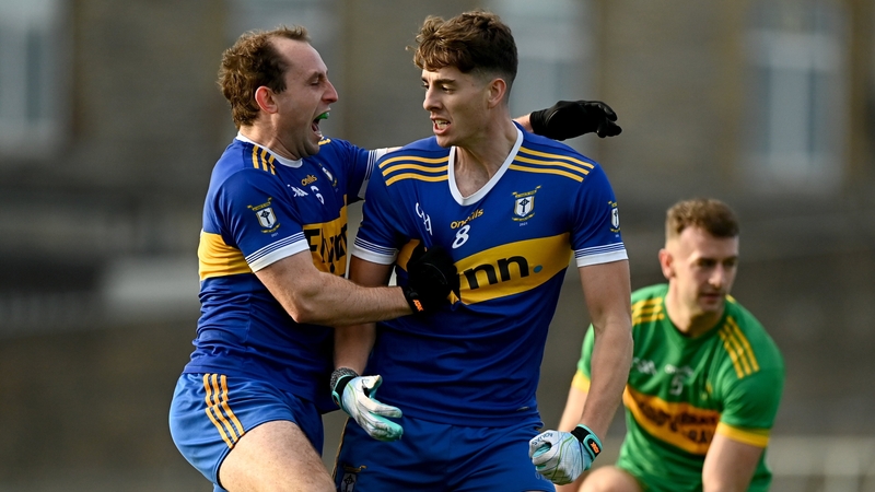 Eamonn Wallace of Ratoath, left, celebrates with team-mate Daithi McGowan at the full-time whistle