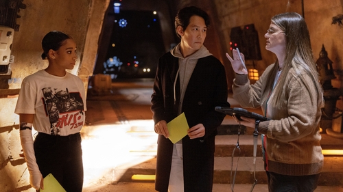 (L-R) Amandla Stenberg, Lee Jung-jae and director Leslye Headland on the set of The Acolyte Photo credit: Christian Black