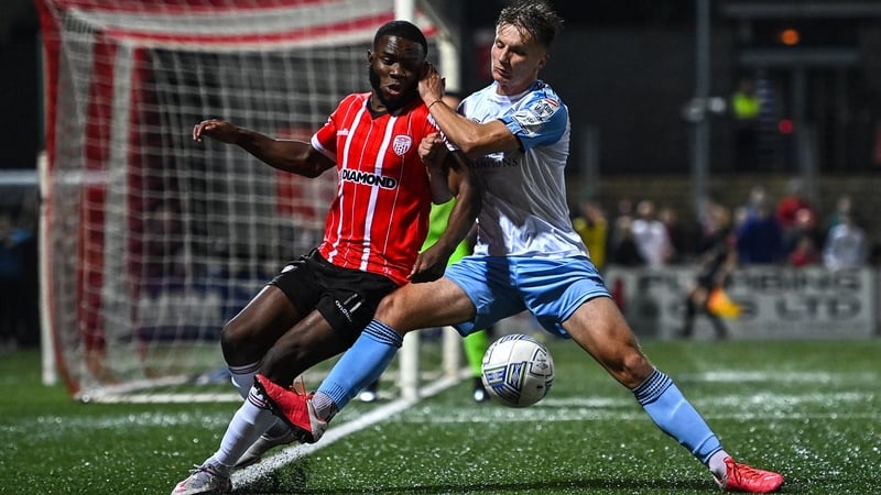 Derry City's James Akintunde tackled by Shelbourne wing-back John Ross Wilson during October's fixture between the sides
