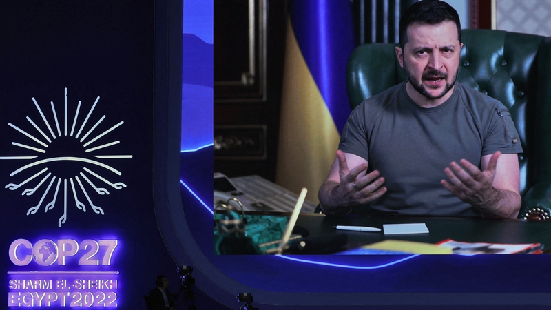 Speaking virtually at COP27, Volodymyr Zelensky said that there can be no effective climate policy without peace