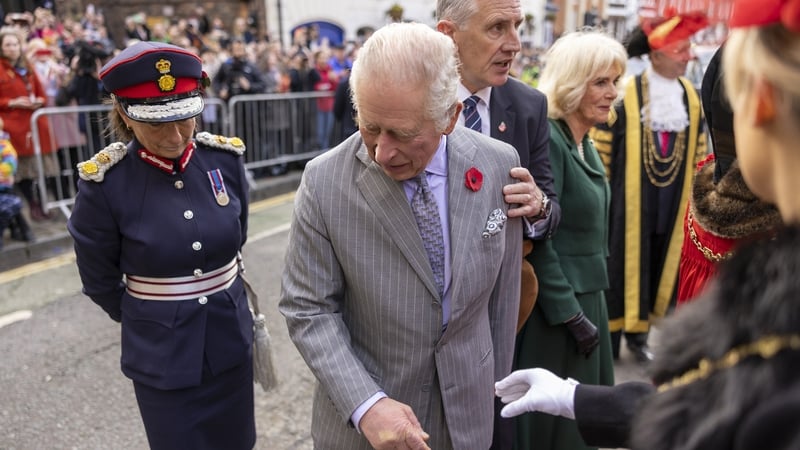 King Charles III reacts after an egg was thrown in his direction as he arrived for a ceremony at Micklegate Bar in York