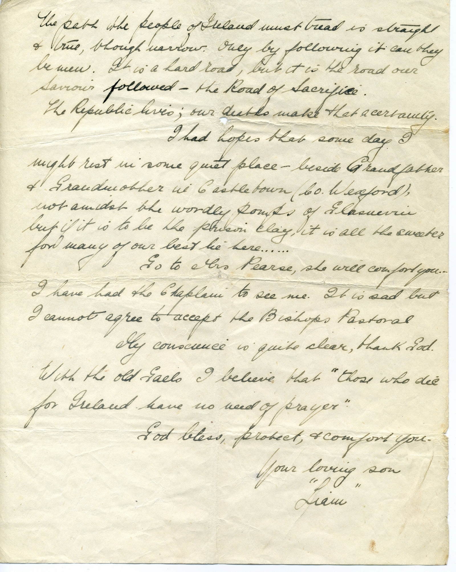 Liam Mellows last letter was written three hours before his death. Credit: Capuchin Archive/South Dublin Libraries.