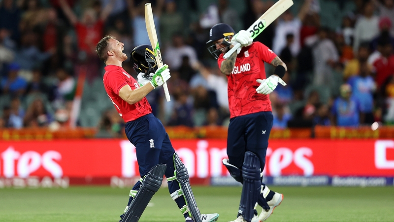 England's Jos Buttler and Alex Hales celebrate victory over India at Adelaide Oval