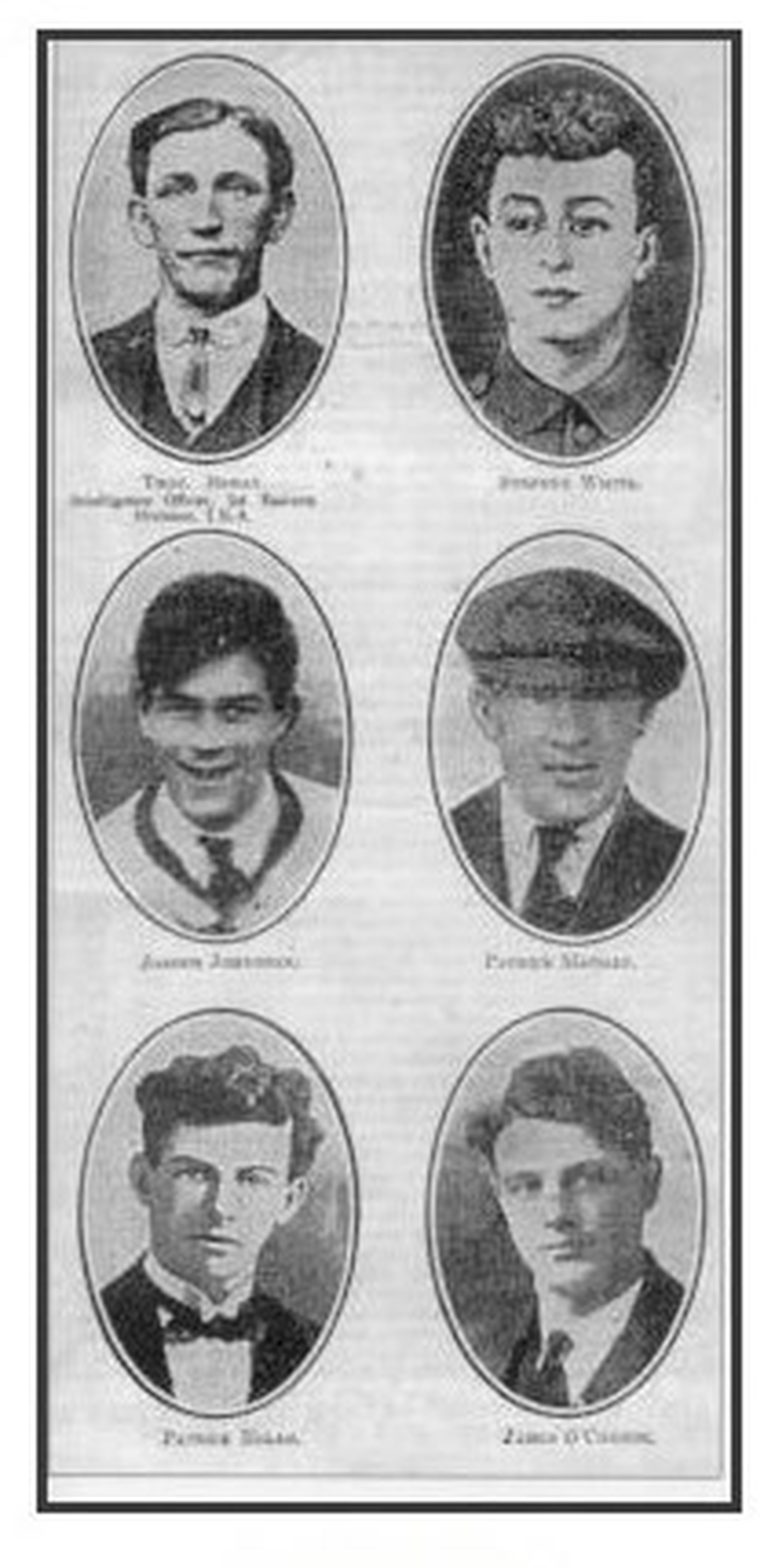 A photo memorial to six of the seven men executed in the Curragh Camp. Credit: Éire (The Irish Nation) Magazine Vol 1, No. 49, Dec 22 1923.