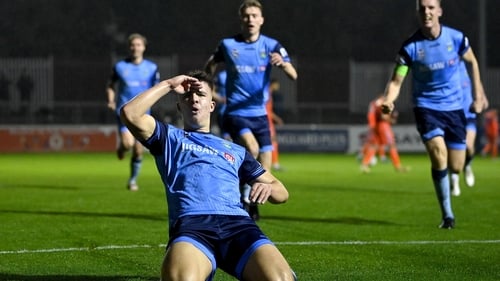 Tommy Lonergan celebrates scoring the winner for UCD