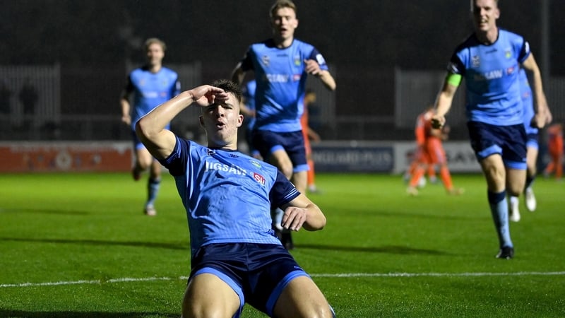 Tommy Lonergan celebrates scoring the winner for UCD
