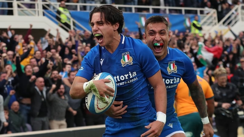 Ange Capuozzo celebrates scoring one of his tries in Florence