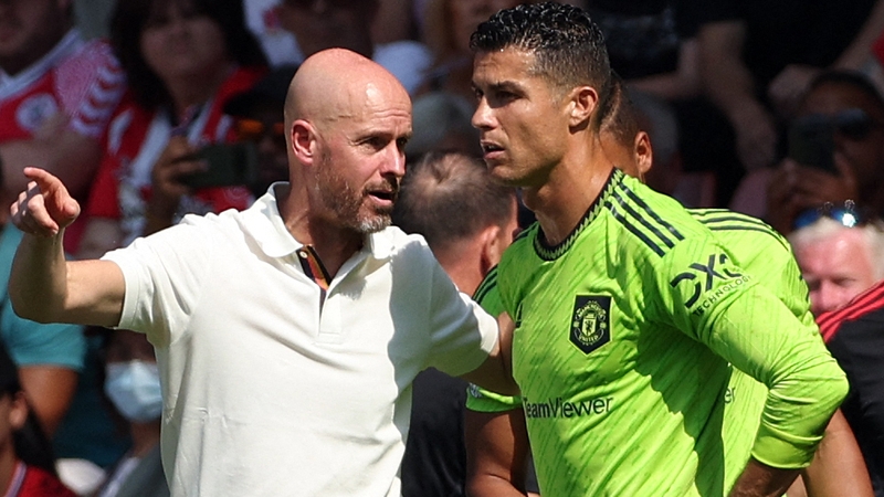 Manchester United boss Erik ten Hag (L) with Cristiano Ronaldo