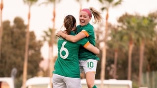 Denis O'Sullivan (Megan Campbell of Republic of Ireland celebrates with team-mate Denise O'Sullivan after scoring her sides first goal during the International friendly match between Republic of Ireland and Morocco at Marbella Football Center in Marbella,