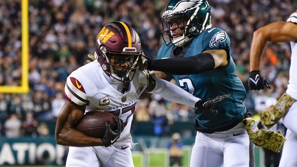 Philadelphia Eagles cornerback Darius Slay (2) tackles Washington Commanders wide receiver Terry McLaurin (17), who had 128 receiving yards