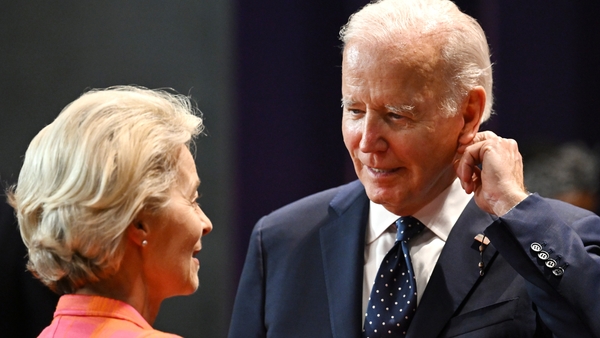 President of the European Commission Ursula von der Leyen speaks with US President Joe Biden at the G20 summit in Bali today