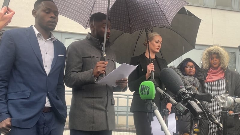 Awaab Ishak's father Faisal Abdullah, counsel for the family Christian Weaver, solicitor Kelly Darlington and Awaab's mother Aisha Amin (second right) outside Rochdale Coroner's Court