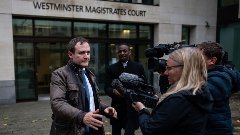 Security Minister Tom Tugendhat leaves Westminster Magistrates' Court in London, where he was banned from driving for six months