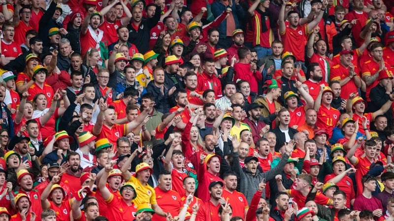 Welsh supporters sing the national anthem before the World Cup qualifier clash against Ukraine in Cardiff in June 2022. Photo: Athena Pictures/Getty Images