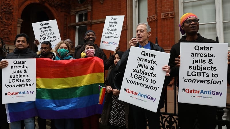 Gay rights activists protested outside Qatar's Embassy in London on Saturday