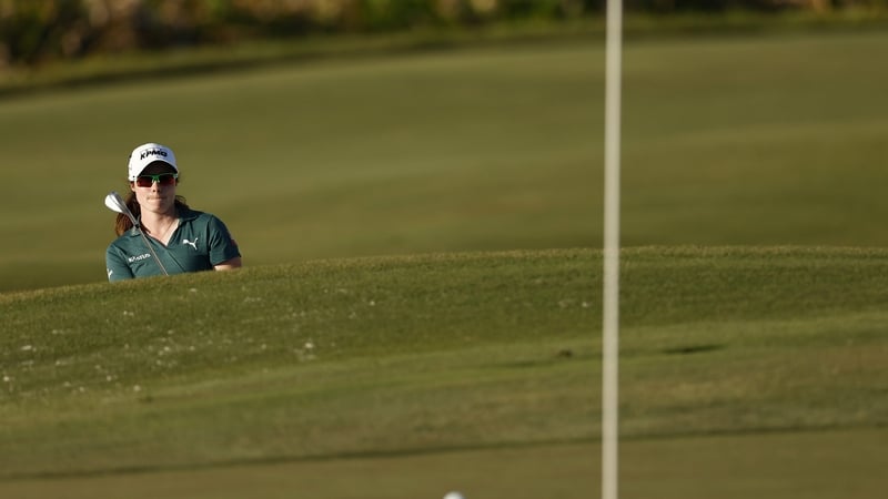 Leona Maguire of Ireland plays from the bunker on the 17th hole