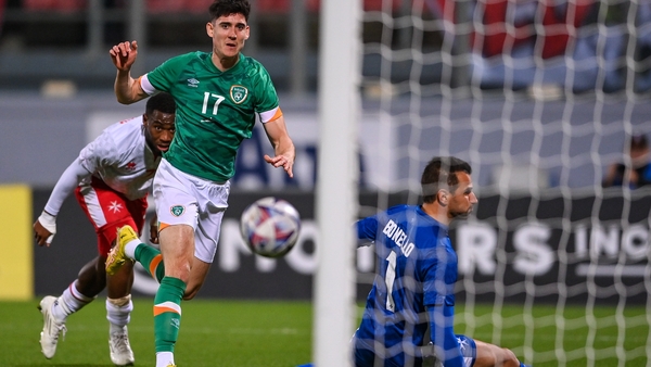 Callum O'Dowda watches his second-half effort hit the post in Malta