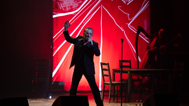 Bono on stage at Dublin's Olympia Theatre last night to mark the release of his memoir (Photo: Ross Stewart)
