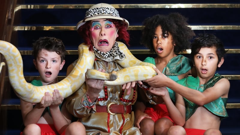 Gaiety Panto dame Joe Conlan with (l to r) Lucas Mahon, Jake Farmer and Ifraz Niazi