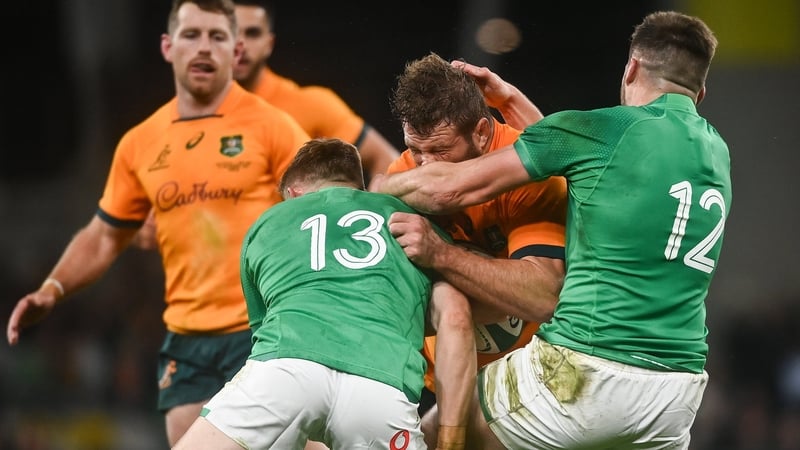 Garry Ringrose and Stuart McCloskey tackle Australia captain James Slipper